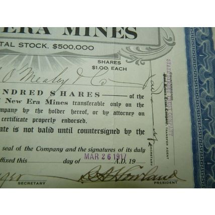 Original Antique 1917 Signed 100 Mining Shares Deed, New Era Mines Maine, Paid