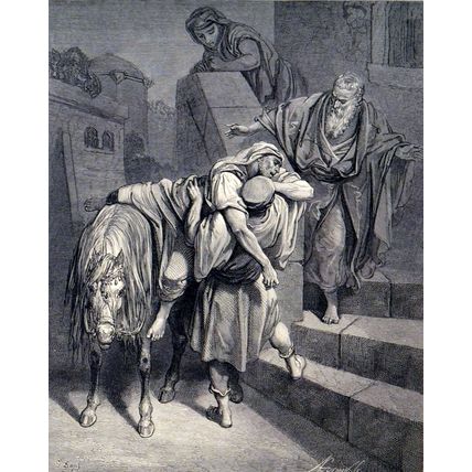 ARRIVAL OF THE GOOD SAMARITAN AT THE INN 1885 Gustave Doré ANTIQUE ENGRAVING