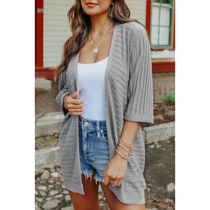 Grey Ribbed Open Front Knit Cardigan