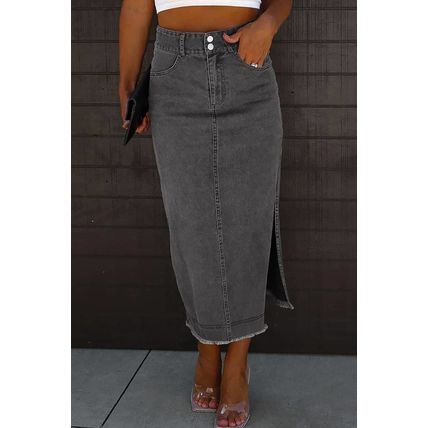 Black Raw Edge Side Slits Buttoned Midi Denim Skirt