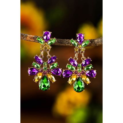 Purple Mardi Gras Gem Stone Dangle Earrings