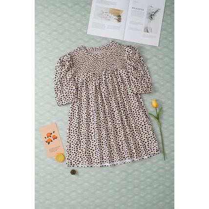 Khaki Leopard Shirred Round Neck Puff Sleeve Blouse