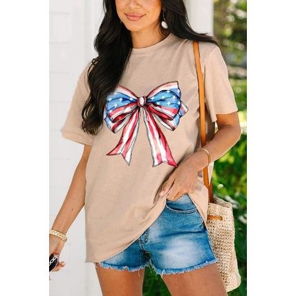 Khaki American Flag Bow Knot Print Round Neck T Shirt