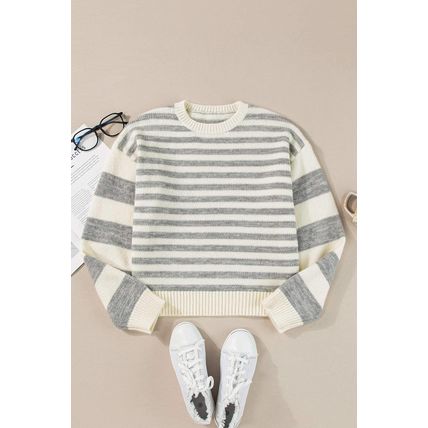 Gray Stripe Drop Shoulder Crew Neck Sweater