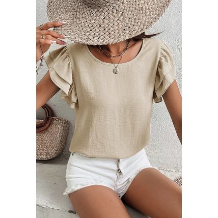 Beige Solid Color Ruffled Short Sleeve Casual Blouse