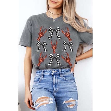 Gray Checkered Bow Crawfish Printed Summer Tee