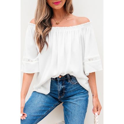 White Frilly Off Shoulder Lace Insert Sleeve Textured Blouse