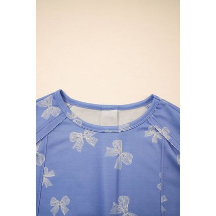 Sky Blue Bow Knot Print Crewneck Ruffled Sleeve Shift Mini Dress