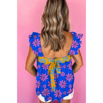 Blue Floral Colorblock Flutter Straps Flowy Tank Top
