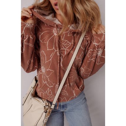 Brown Floral Twisted Rib Drawstring Kangaroo Pocket Hoodie