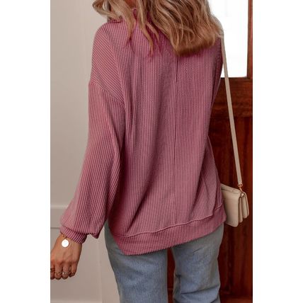Fiery Red Twisted Rib V Neck Drop Shoulder Loose Sleeve Oversize Top