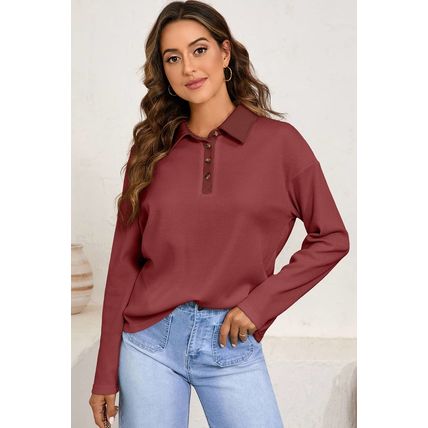 Red Dahlia Solid Color Long Sleeve Thermal Knit Polo Collar Patchwork Top