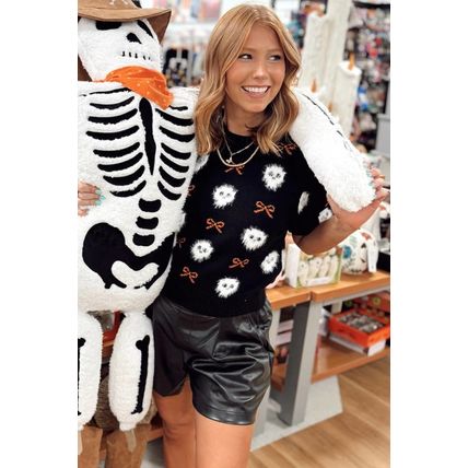 Black Short Puff Sleeve Bow Knot Plush Skeleton Halloween Sweater