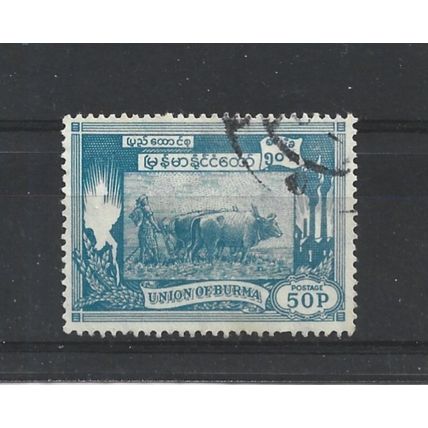 Burma.SG146 50p Ploughing paddy field with oxen (Blue).Fine Used.Jul25d