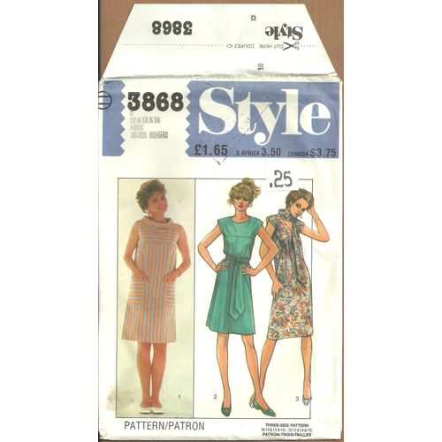 Style 3868 Sewing Pattern Misses' Pull-over Dress & Sash Size 12 14 16 Uncut