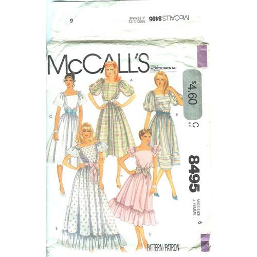 McCalls 8495 Sewing Pattern Misses Dress 5 Styles & Tie Belt Size 6 Used