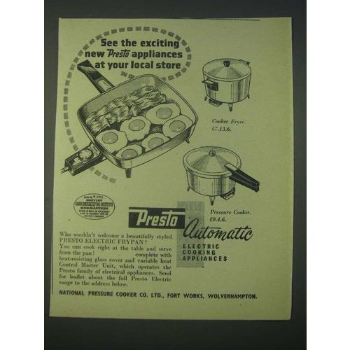 1959 Presto Electric Frypan, Cooker Fryer and Pressure Cooker Ad