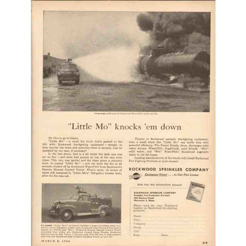 ROCKWOOD SPRINKLER COMPANY 1954 Little Mo knocks em down vintage ad
