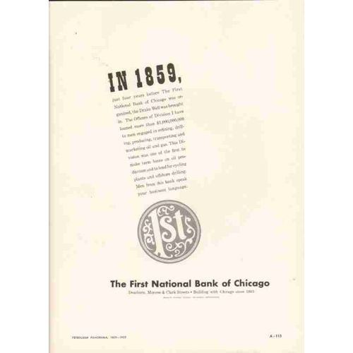 FIRST NATIONAL BANK OF CHICAGO IL 1959 Drake Oil banking vintage ad