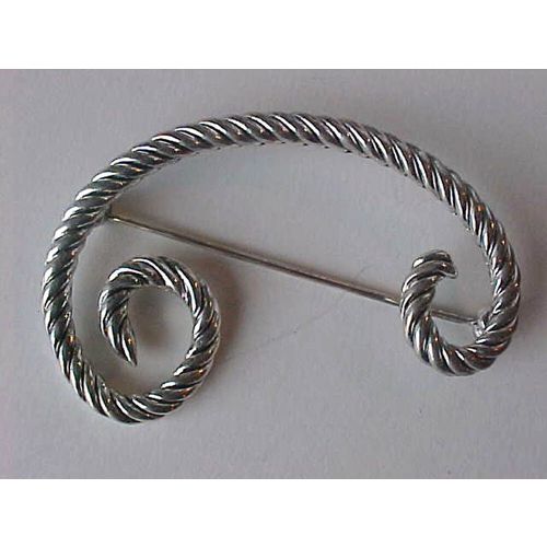 Silver Rope Pin Twisted Rope Brooch C Style Curled Wisp Scarf Pin 2"