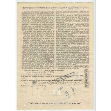 National Tea Company 4 Shares 1929 Stock/Share Certificate De Coppet & Doremus