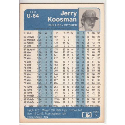 1984 Fleer Update baseball card U-64. Jerry Koosman