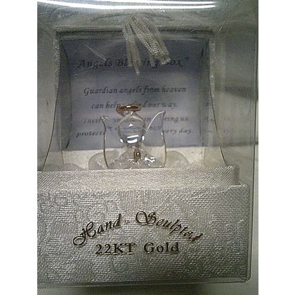 Figurine Guardian Angel glass 22 kt. gold trim beautiful fabric box