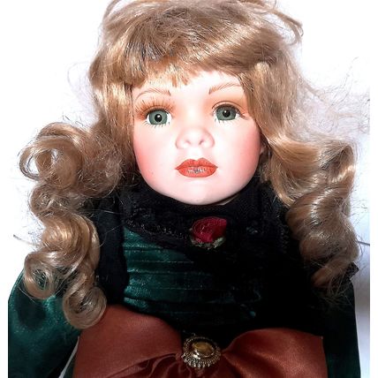 LEONARDO PORCELAIN DOLL - EMERALD GREEN SATIN DRESS - 43 cm tall - VERY GOOD