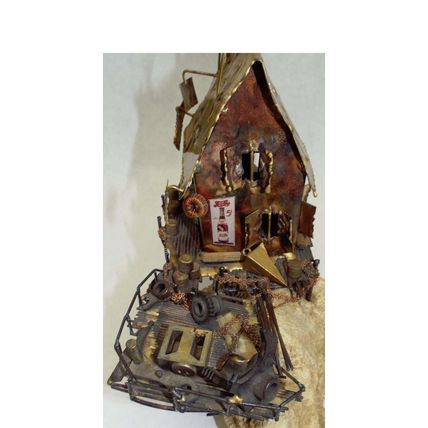 Rare Unique Metal Copper Boat House Sculpture Ernie Abdelnour Coral Rock Base