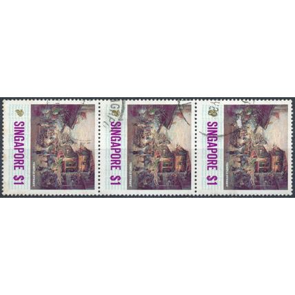 Paintings of Chinatown: $1 Strip 3 - Singapore 1989 - Used Hinged - SG 595