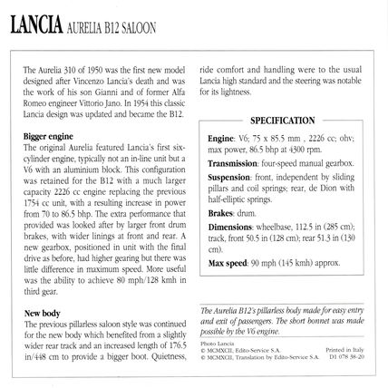Collectors Club card. Classic Cars. Lancia Aurelia B12 Saloon