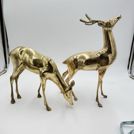 VINTAGE BRASS DEER Pair LARGE 13” Buck 9” DOE Mid Century Solid Retro Sculptures