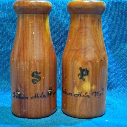 Vintage WOOD SALT & PEPPER SHAKERS Set Historic Jackson Hole Wyo Milk Jug Shape