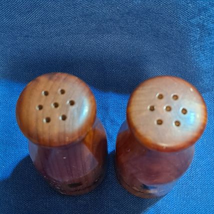 Vintage WOOD SALT & PEPPER SHAKERS Set Historic Jackson Hole Wyo Milk Jug Shape