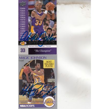 KAREEM ABDUL-JABBAR & MAGIC JOHNSON AUTO 2008/90 LOS ANGELES LAKERS CHAMPIONS