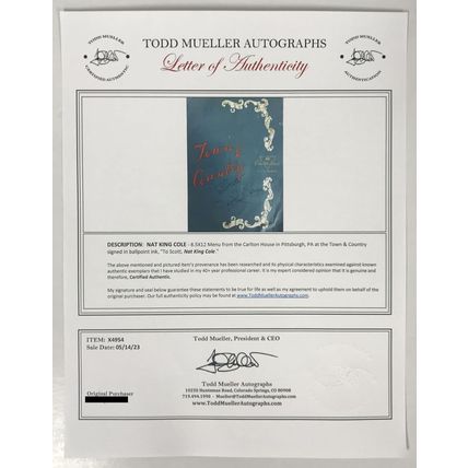 Nat King Cole (d. 1965) Signed Autographed Vintage Carlton House Menu