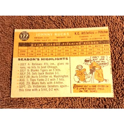 1960 Topps # 177 Johnny Kucks Kansas City Pitcher 4.0 VG/EX No Creases (GC)