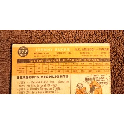 1960 Topps # 177 Johnny Kucks Kansas City Pitcher 4.0 VG/EX No Creases (GC)