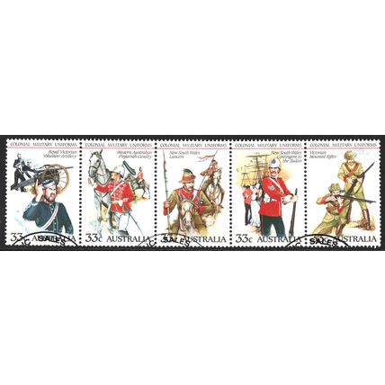 AUSTRALIA 1985: COLONIAL MILITARY UNIFORMS - USED SE-TENANT STRIP OF FIVE (G18)