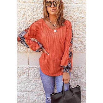 Orange Contrast Eyelet Thermal Knit Top