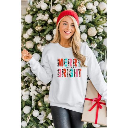 White MERRY and BRIGHT Leopard Print Pullover Sweatshirt