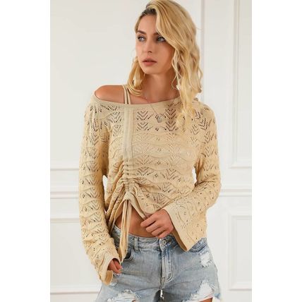 Khaki Hollowed Knit Asymmetric Drawstring Sweater