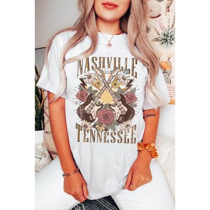 White Nashville Tennessee Guitar Rose Graphic Crewneck Tee