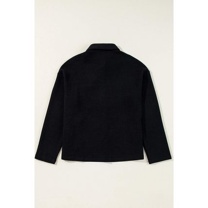 Black Solid Color Corduroy Buttoned Long Sleeve Shacket