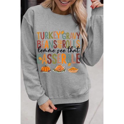 Gray Thanksgiving Slogan Pumpkin Turkey Pie Graphic Sweatshirt