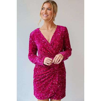 Pitaya Pink Velvet Sequin Long Sleeve V Neck Wrapped Mini Dress