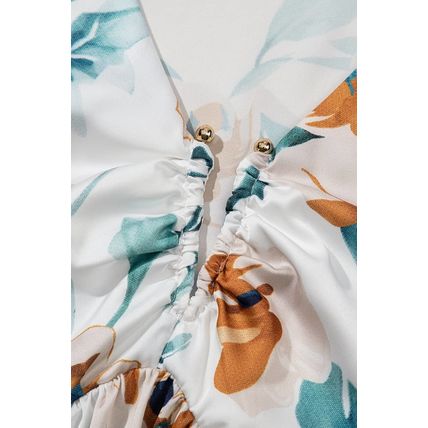 Green Floral Print Puff Sleeve V Neck Babydoll Blouse