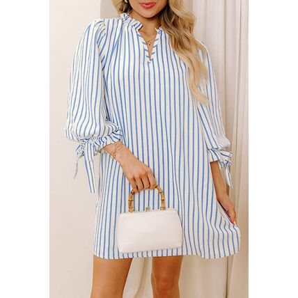 Sky Blue Stripe Knotted Bracelet Sleeve Notched Neck Shift Mini Dress
