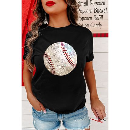 Black Heat Transfer Baseball Print Cotton Blend T Shirt