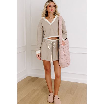 Parchment Raw Edge Detail Colorblock Patchwork Cropped Pullover Drawstring Skirt